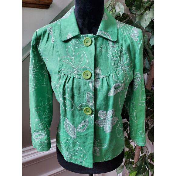 JM Collection Women Green Floral 100% Linen Long Sleeve Buttons Front Jacket 6P - Picture 2 of 12
